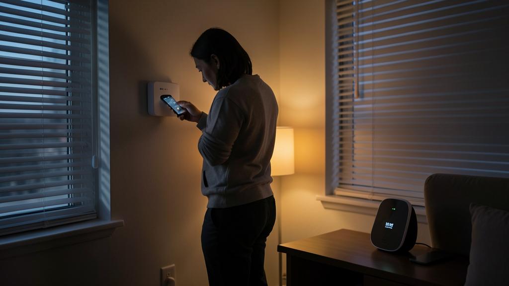 Una persona usa un smartphone para ajustar un termostato inteligente en la pared, con un altavoz inteligente cerca.
