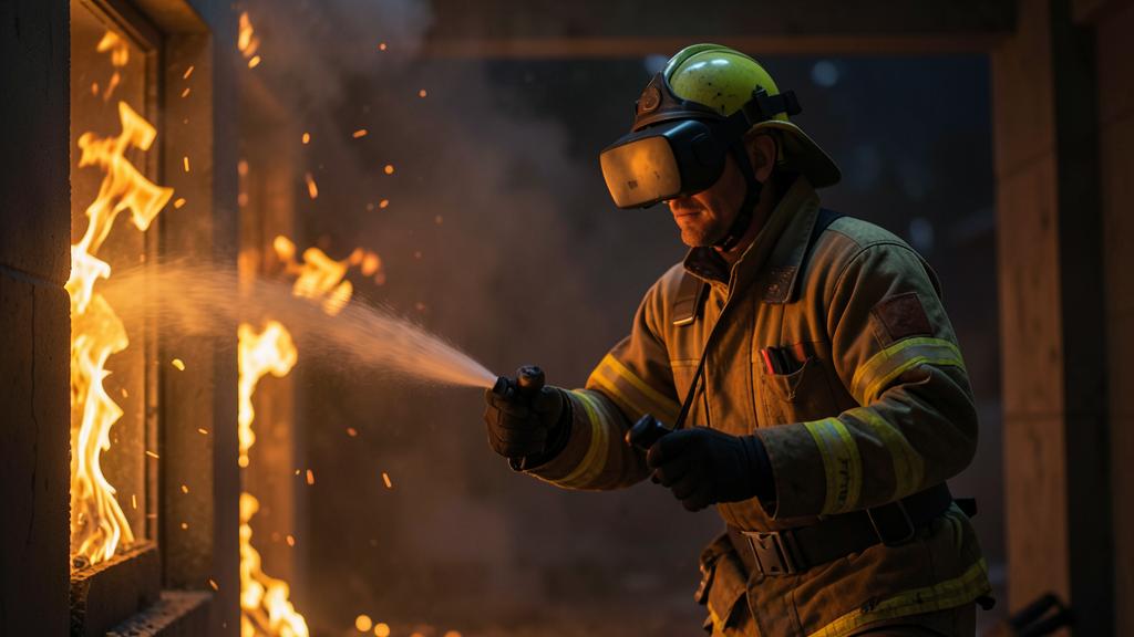 Un pompier en casque VR utilise un tuyau pour éteindre des flammes simulées.