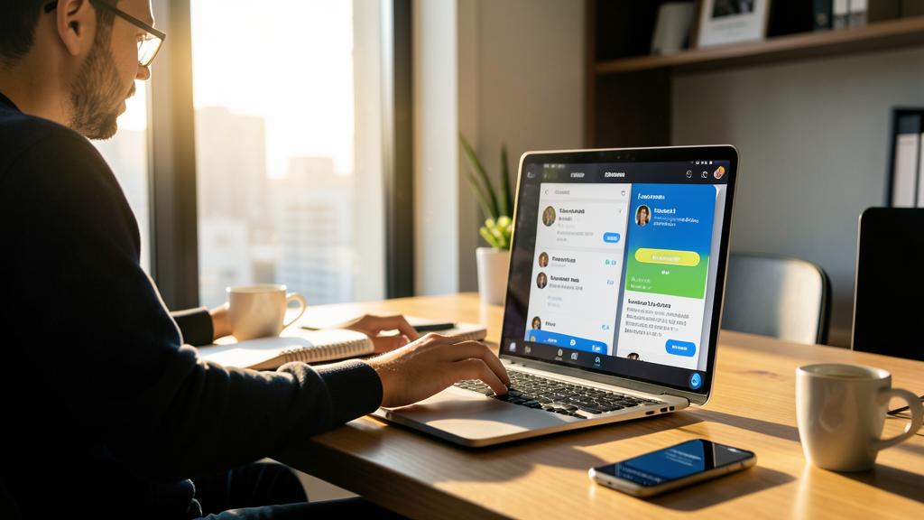 Un homme utilise un ordinateur portable affichant une application de messagerie avec plusieurs conversations.