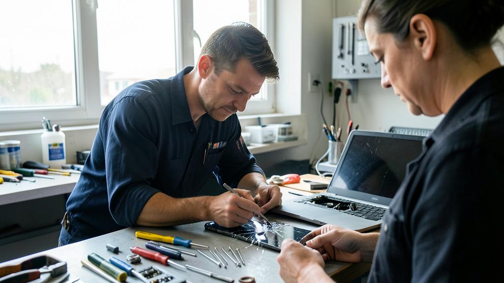 Un homme et une femme réparent une tablette sur un établi avec des outils.