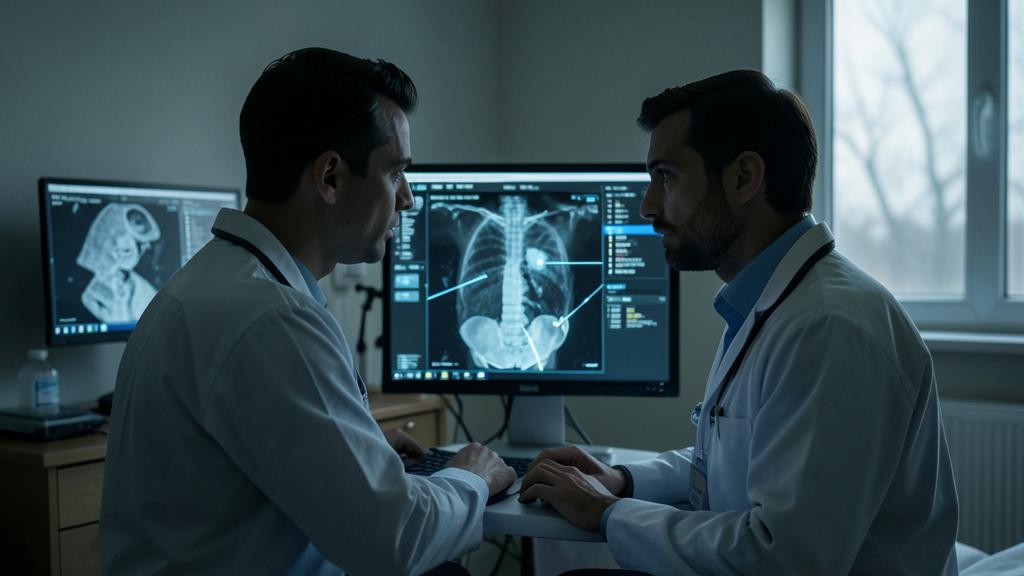 Deux médecins en blouse blanche examinent une radiographie thoracique sur un écran d'ordinateur dans un bureau médical faiblement éclairé.