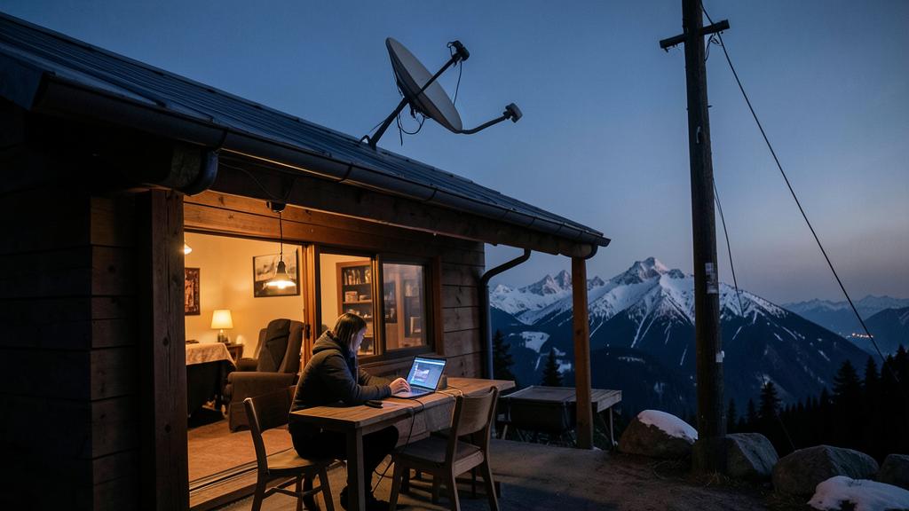 Une personne utilise un ordinateur portable devant une cabane en bois, avec une parabole sur le toit.