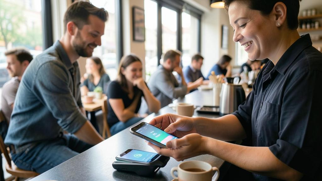 Una barista usa un smartphone para procesar un pago móvil en un café, con un cliente sonriente de fondo.