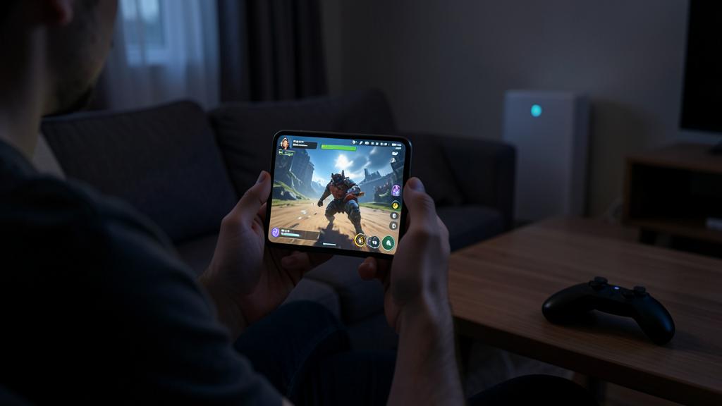 Eine Person spielt ein Videospiel auf einem Smartphone in einem schwach beleuchteten Raum, mit einem Controller auf dem Tisch.