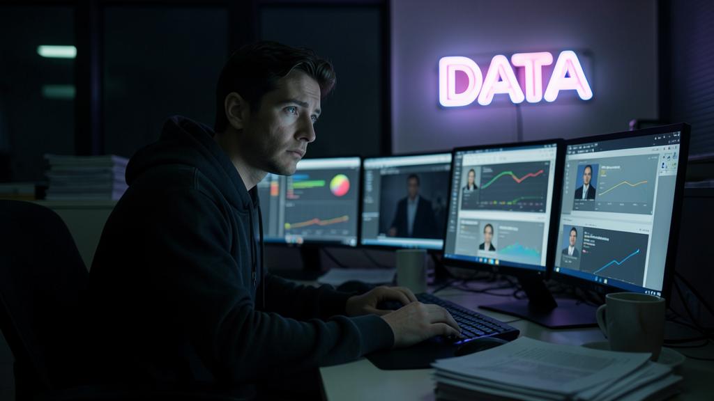 Un homme en hoodie sombre travaille devant des écrans affichant des analyses de données, avec une enseigne 'DATA' en néon.