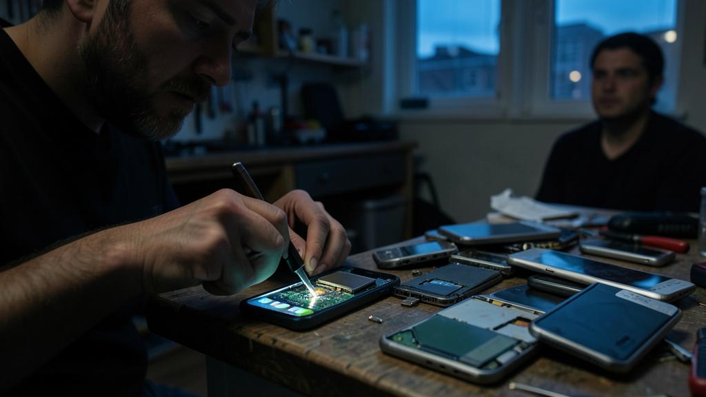 Un hombre con barba está reparando un teléfono inteligente desmontado en un banco de trabajo, rodeado de otros teléfonos rotos.