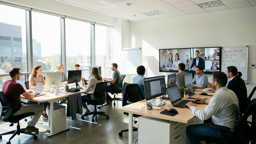 Un groupe de personnes travaille dans un bureau ouvert, utilisant des ordinateurs et participant à une visioconférence sur un grand écran.
