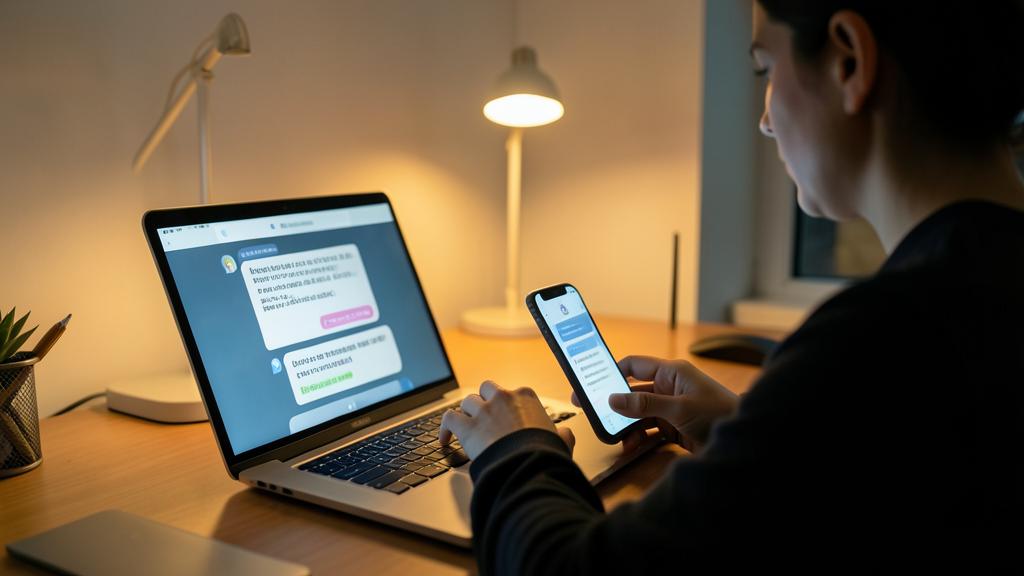 Eine Person nutzt einen Laptop und ein Smartphone mit KI-Assistenten-Chat-Interfaces in einem Home-Office.