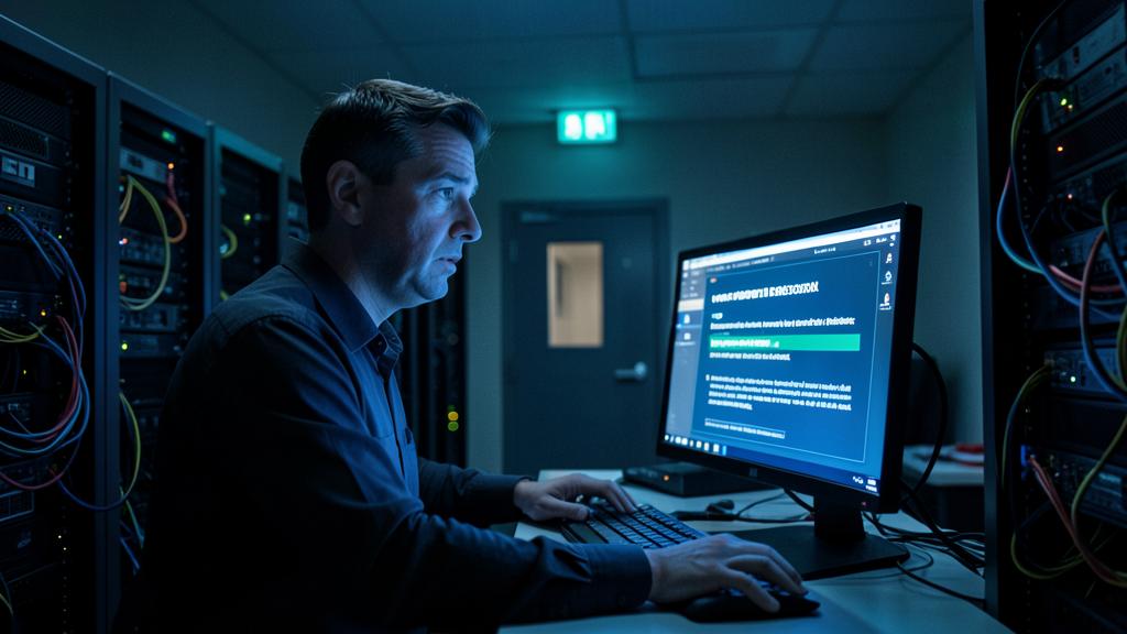 Un homme dans une salle de serveurs examine un écran affichant du code ou des données, entouré de racks et de câbles.