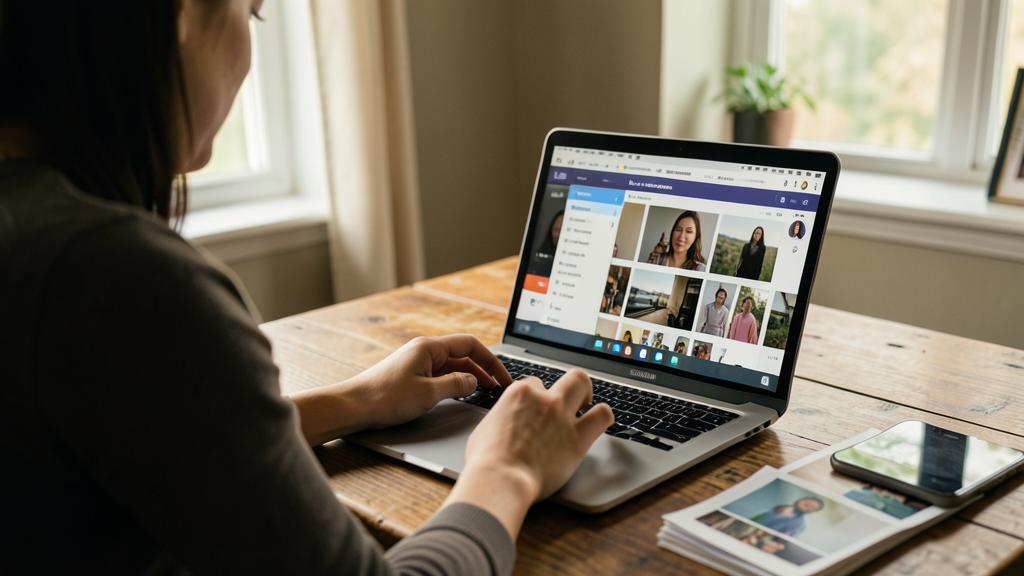 Una mujer usa un portátil para organizar fotos en una aplicación de gestión, con un smartphone y fotos impresas cerca.