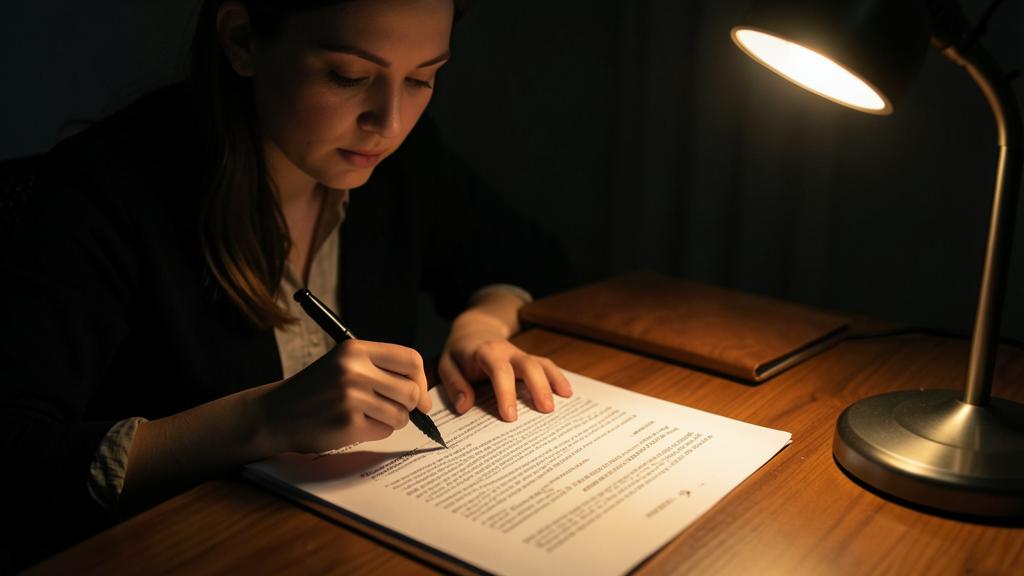 Une femme écrit sur un document sous une lampe de bureau, un carnet à proximité.