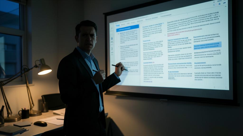 Un homme en costume présente un document devant un écran, tenant un stylo.