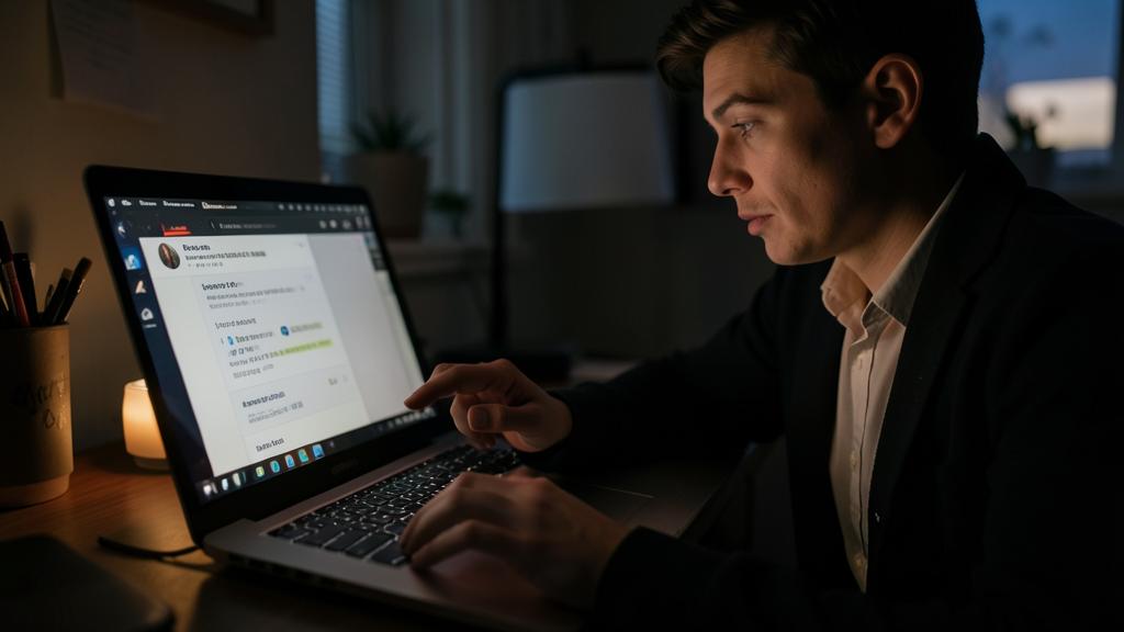 Ein Mann im Anzug nutzt einen Laptop in einem schwach beleuchteten Raum.