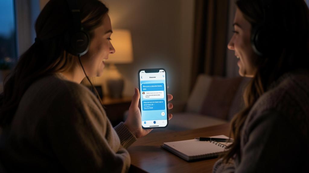 Dos mujeres con auriculares sonríen mientras miran un smartphone con una app de aprendizaje de idiomas.