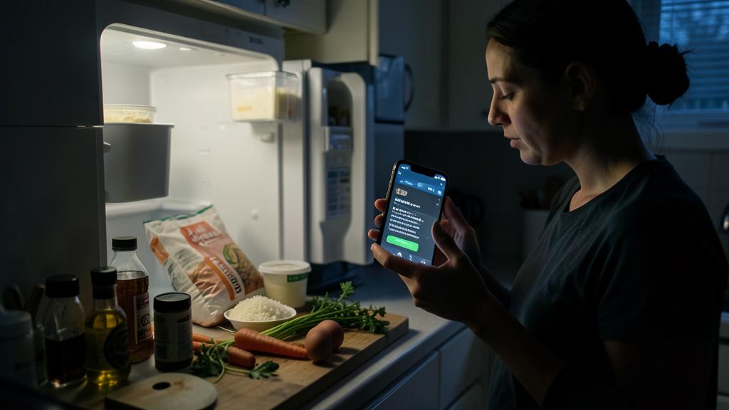 A woman checks a recipe app on her smartphone in a dimly lit kitchen, with ingredients on a cutting board nearby.