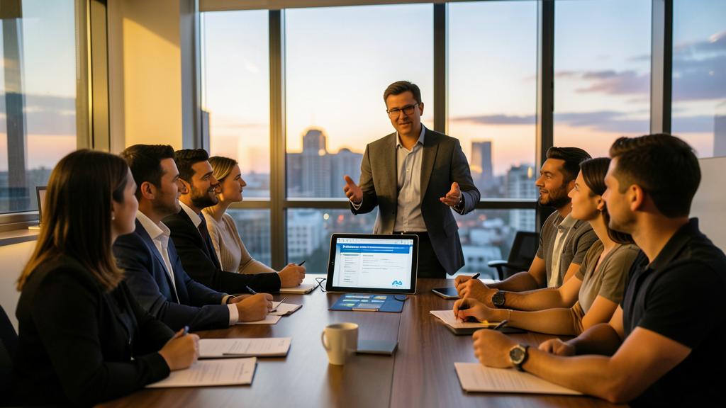 Un hombre con traje presenta ante un grupo de profesionales alrededor de una mesa de reuniones, con una tableta mostrando una presentación.