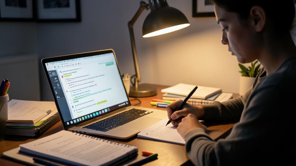 Une personne étudie à un bureau avec un ordinateur portable affichant une interface de chat et écrit dans un cahier sous une lampe.