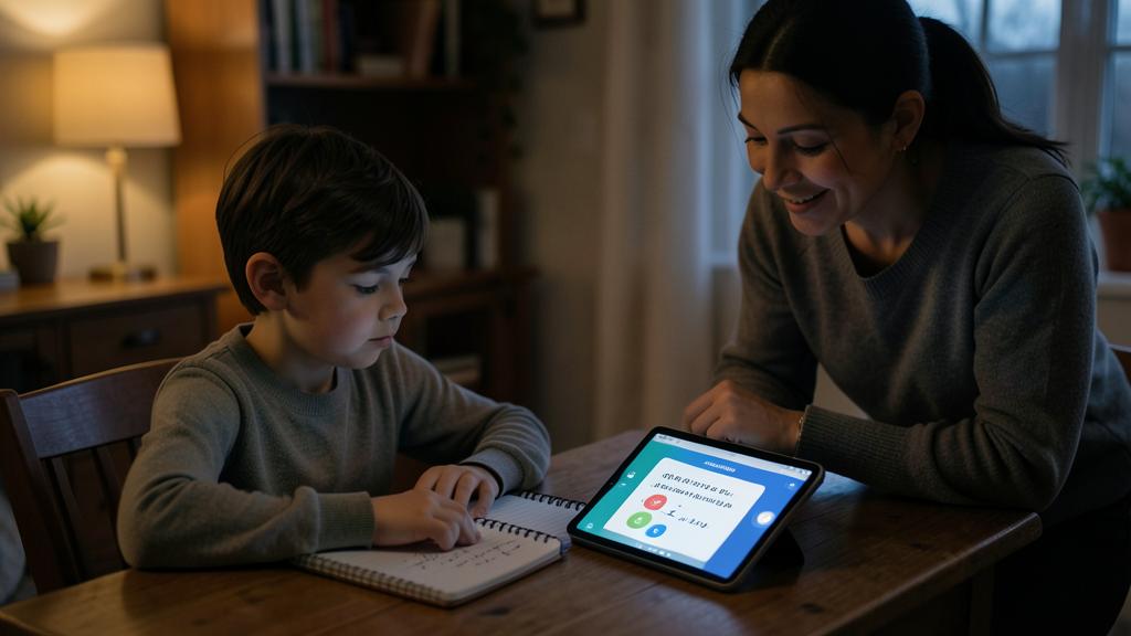 Une femme et un jeune garçon font leurs devoirs ensemble, utilisant une tablette avec une application d'apprentissage des langues.