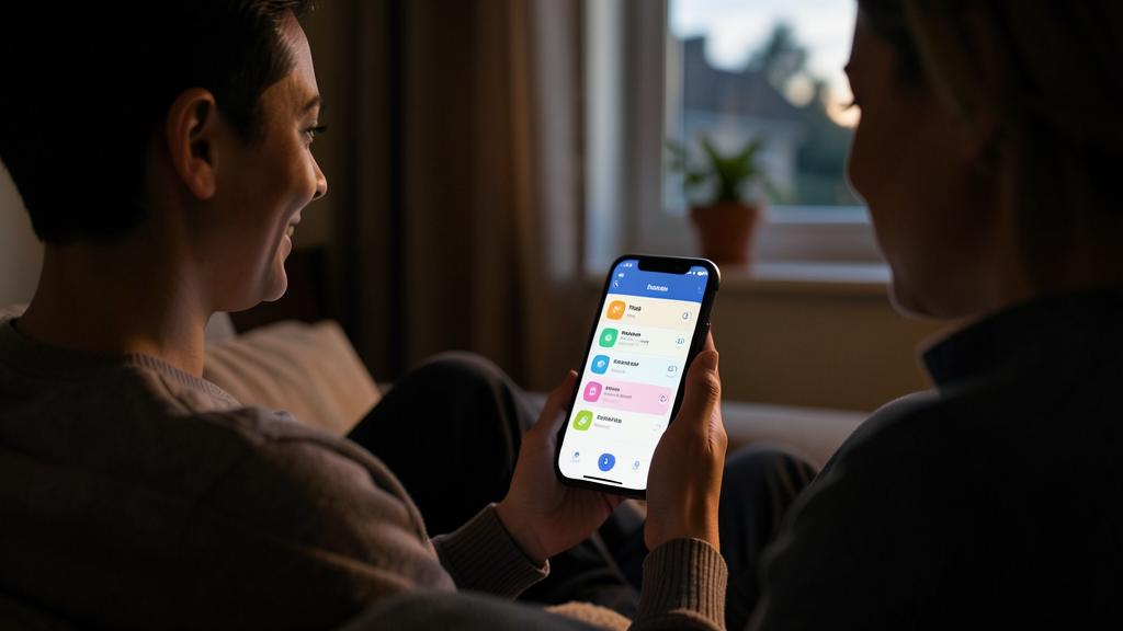 A person uses a finance management app on their smartphone, sitting next to another person.
