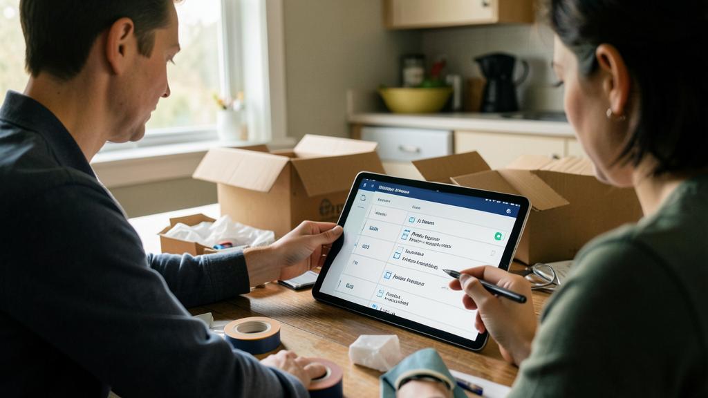 Un homme et une femme utilisent une tablette pour organiser leur déménagement avec des cartons autour d'eux.