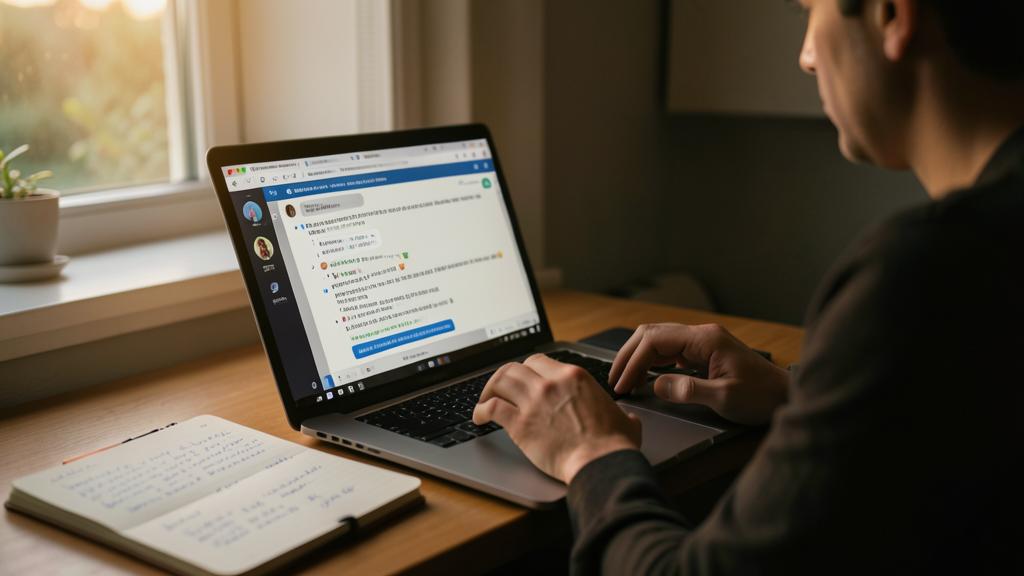 Une personne tape sur un ordinateur affichant une interface de chat avec un texte.