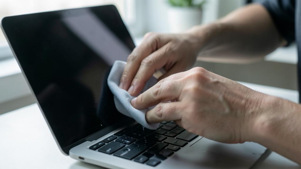 Eine Person reinigt den Bildschirm eines Laptops mit einem Tuch.