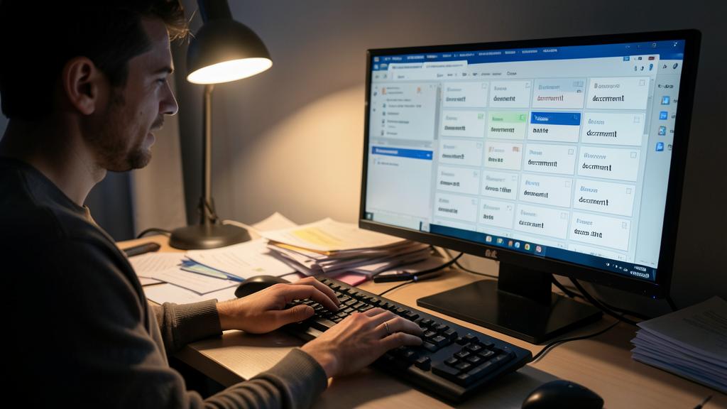 Un hombre trabaja en una computadora rodeado de papeles y una lámpara de escritorio.