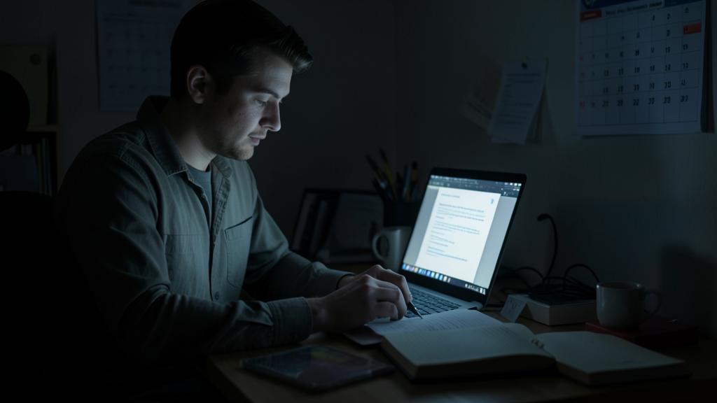 Un hombre trabaja en una computadora portátil en una habitación poco iluminada, con un documento abierto y un cuaderno al lado.