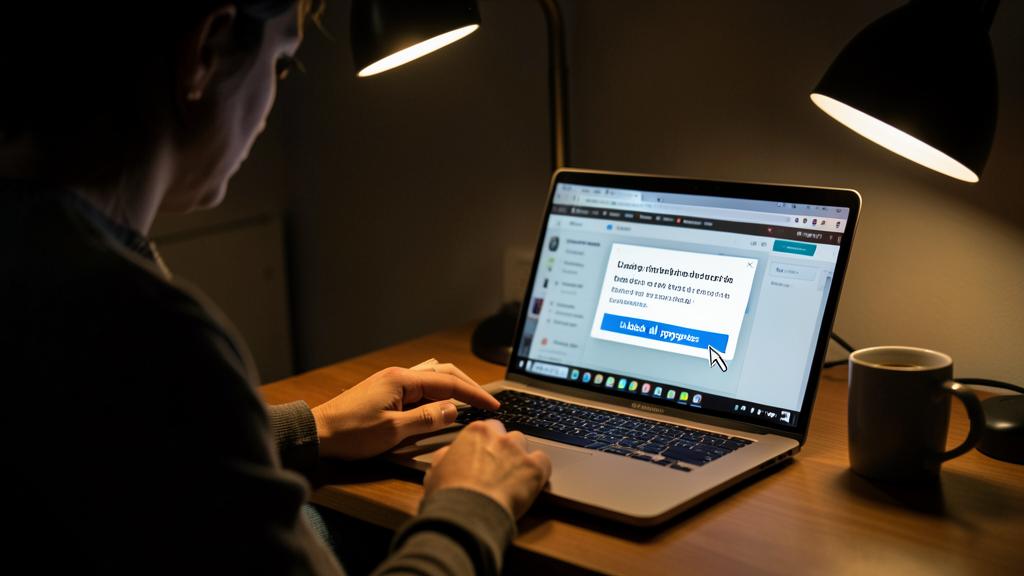 Une personne utilise un ordinateur portable dans une pièce faiblement éclairée, avec une fenêtre pop-up affichant une publicité.