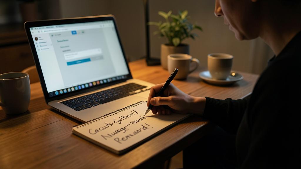 A person writes in a notebook next to a laptop, with handwritten passwords.