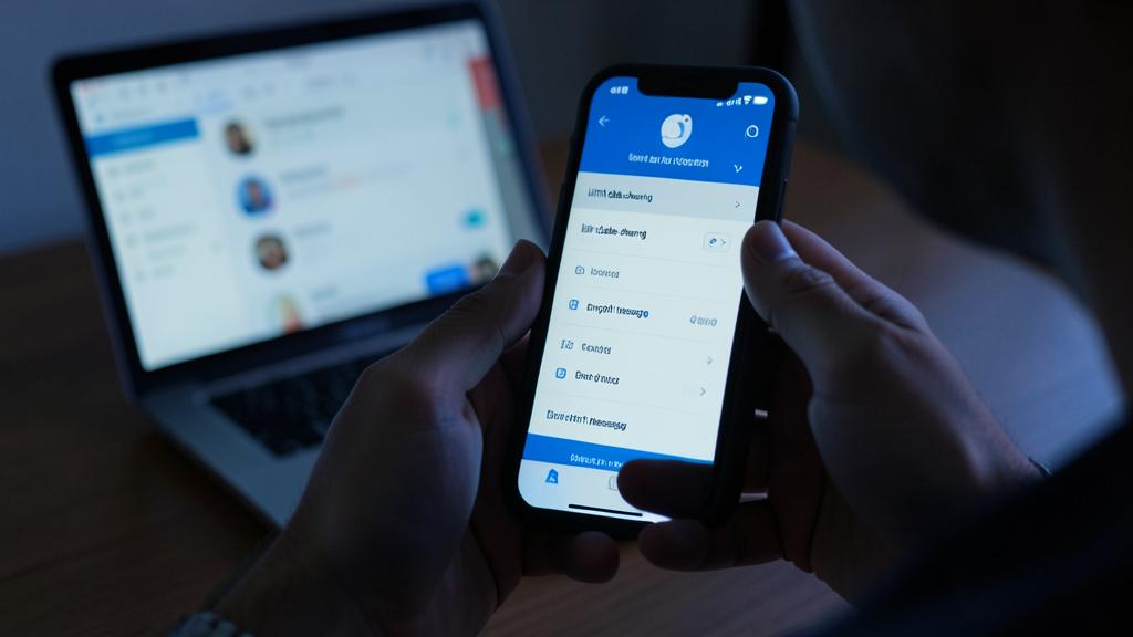 Une personne tient un smartphone affichant une application de messagerie avec des paramètres de confidentialité, un ordinateur portable en arrière-plan montre une interface de discussion.