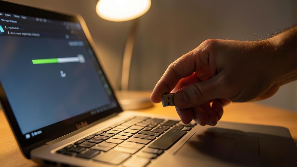 Una mano sostiene una memoria USB sobre una computadora que muestra una barra de progreso de transferencia de archivos.