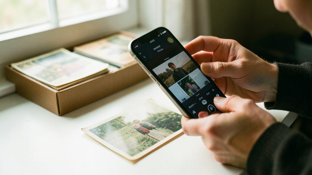 Eine Person nutzt ein Smartphone, um ein altes Foto zu scannen, mit weiteren alten Fotos in einer Box daneben.