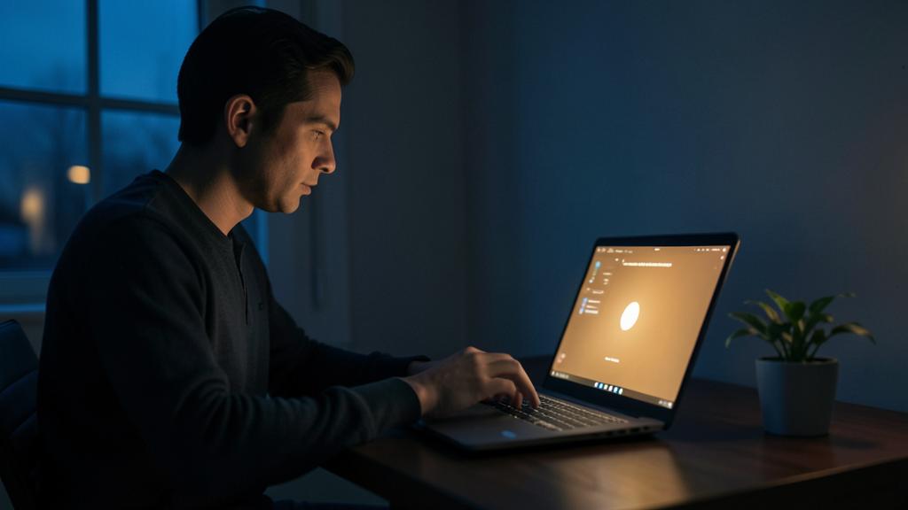 A man types on a brightly lit laptop in a dimly lit room, with the screen casting light on his face.