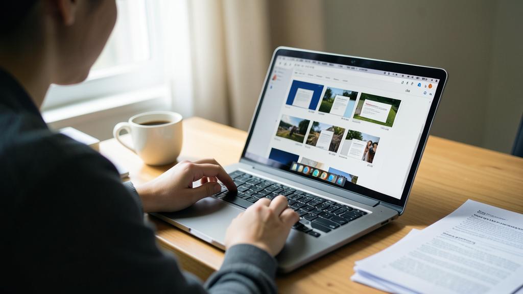 Une personne utilise un ordinateur portable avec un écran affichant des vignettes de documents PDF et une tasse de café à côté.