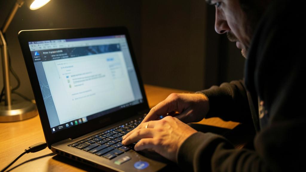 Un hombre usa una computadora portátil en una habitación poco iluminada.