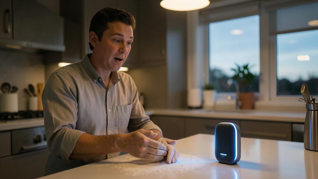 Un hombre habla a un altavoz inteligente en la cocina, con las manos llenas de harina.