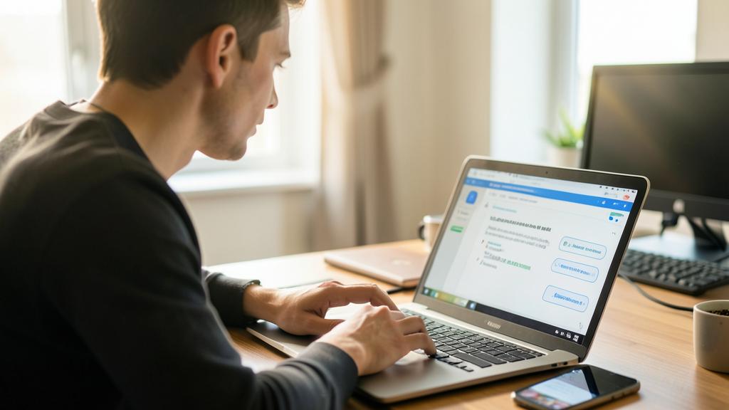 Un homme utilise un ordinateur portable sur un bureau avec un smartphone et une tasse de café.