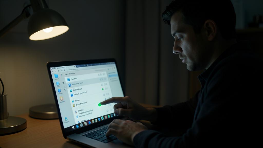 Ein Mann nutzt einen Laptop in einem schwach beleuchteten Raum, wobei eine Schreibtischlampe den Bildschirm beleuchtet, der eine Liste von Startprogrammen anzeigt.