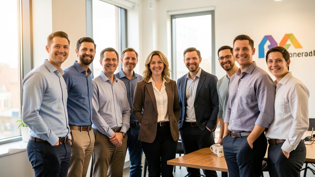 Huit professionnels sourient devant un bureau.
