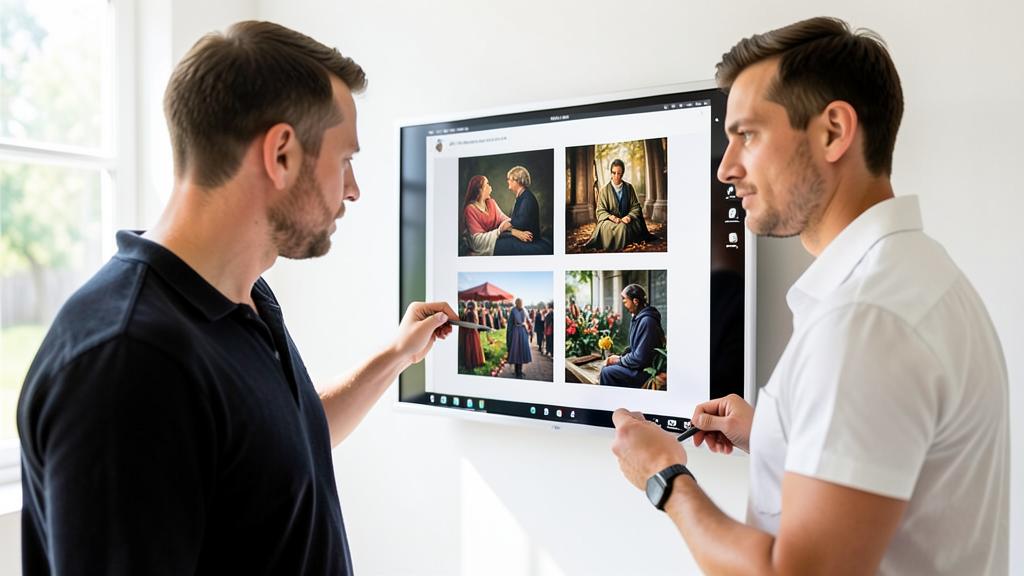 Dos hombres usan estilógrafos para interactuar con una galería de fotos digital en una pantalla grande.