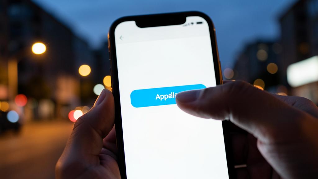 Des mains tiennent un smartphone affichant un bouton bleu 'Appel' sur un fond de rue urbaine floue.