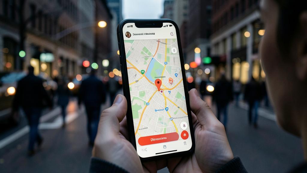 Eine Person hält ein Smartphone, das eine Karten-App mit einem markierten Ort und einem 'Dirigir-se'-Button anzeigt.