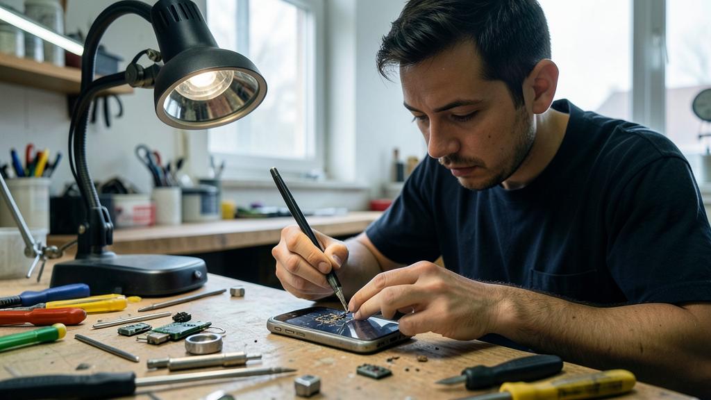Un homme répare un smartphone avec un tournevis sur un établi rempli d'outils et de composants électroniques.