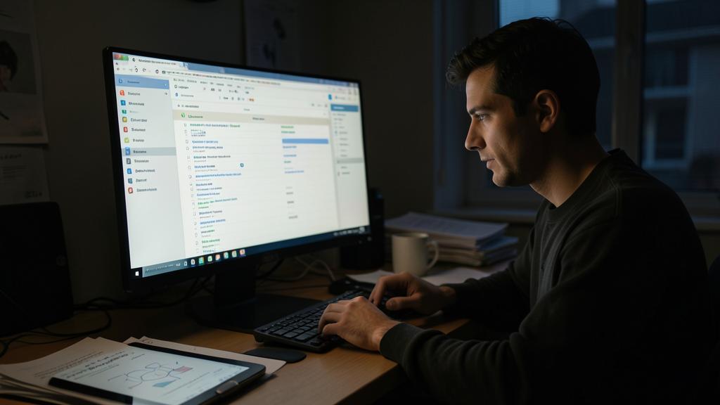 Ein Mann sitzt an einem Schreibtisch in einem schwach beleuchteten Raum und arbeitet an einem Computer mit einer Website-Oberfläche.