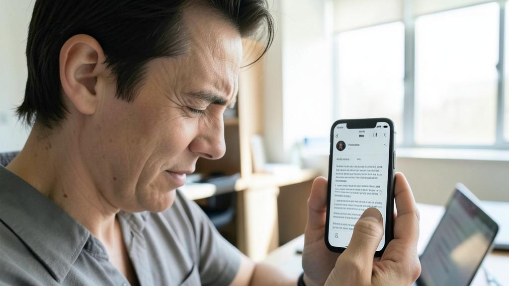 Ein Mann betrachtet ein Smartphone mit einer textlastigen Oberfläche, im Hintergrund ein Laptop.