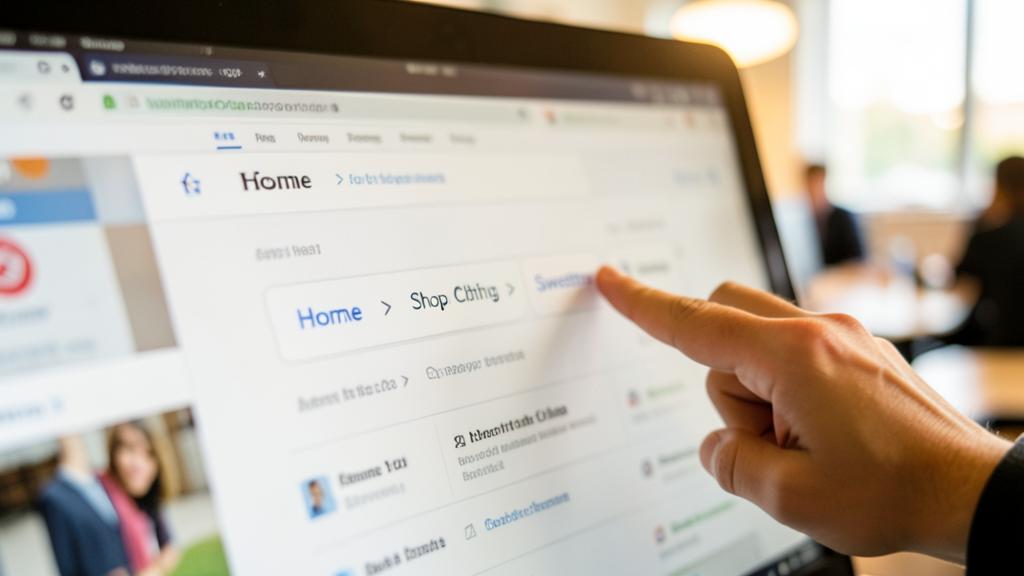 A hand points at a computer screen displaying a website with a breadcrumb trail.