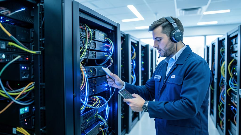 Ein Techniker in einem Serverraum trägt Kopfhörer und nutzt ein Smartphone, um Serverracks zu inspizieren.