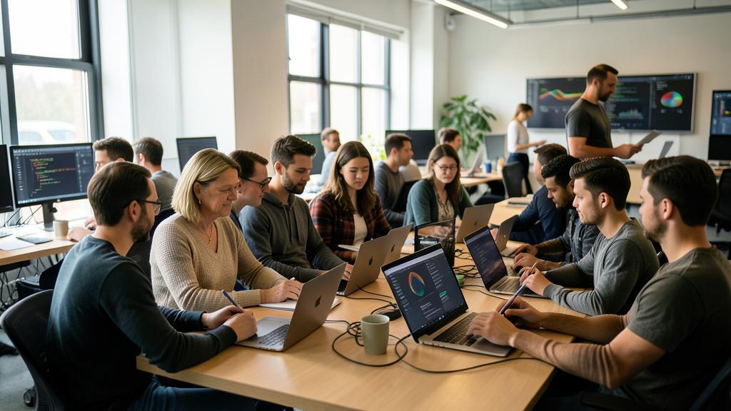 Un groupe diversifié travaille dans un bureau moderne, collaborant autour d'ordinateurs et d'un écran.