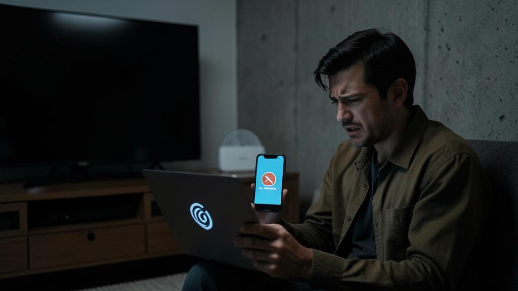 Un homme semble frustré devant un smartphone affichant une erreur 'Pas de connexion Internet', avec un ordinateur portable montrant un problème similaire dans un salon.